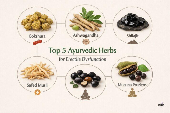 Infographic showing Gokshura, Ashwagandha, Shilajit, Safed Musli, and Mucuna pruriens as commonly used Ayurvedic herbs for erectile dysfunction and male sexual health.