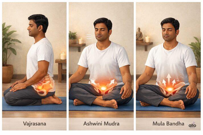 Indian man practicing Vajrasana, Ashwini Mudra, and Mula Bandha with pelvic region highlighted, showing yoga practices recommended in Ayurveda for erectile dysfunction support.