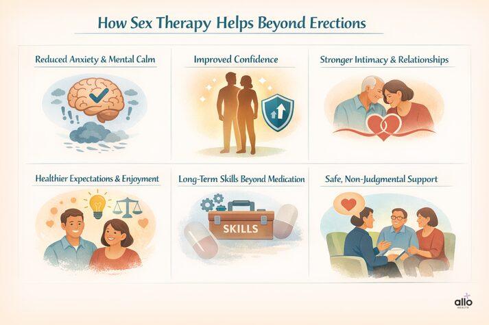 “Illustration showing the benefits of sex therapy for erectile dysfunction, including reduced anxiety, improved confidence, stronger relationships, and long-term sexual well-being.”