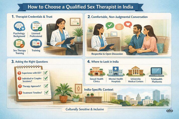 “Illustration showing how to find a qualified sex therapist in India, including checking credentials, asking the right questions, and choosing between clinics, hospitals, and telehealth platforms.”