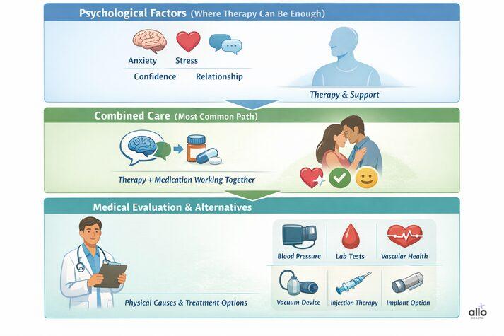 “Illustration showing how sex therapy can improve erectile dysfunction alone in psychological cases or alongside medical treatment after proper evaluation.”