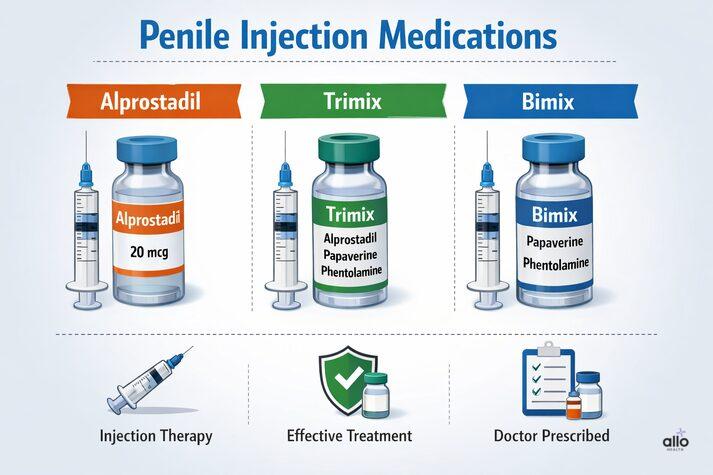 Penile Injections for ED: How They Work, Risks, and Cost in India 2 Medical infographic displaying commonly used penile injection medications such as Alprostadil, Trimix, and Bimix