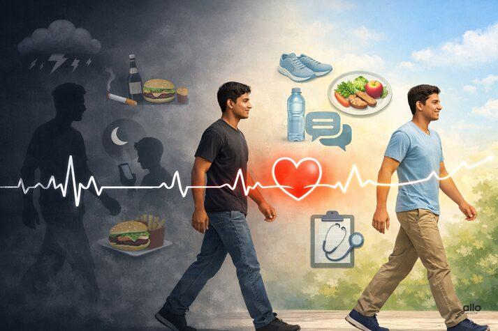 : Young Indian man walking from unhealthy lifestyle habits like smoking and junk food to healthy habits like exercise, balanced diet, hydration, and doctor support for erectile dysfunction improvement
