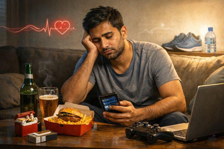 Infographic showing common causes of erectile dysfunction in young men including blood flow issues, hormone imbalance, medications, nerve or brain signals, and anatomy or structural factors