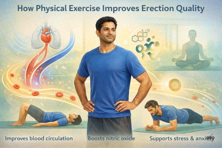 Exercises That Can Help Improve Erectile Function 4 Medical illustration showing how exercises for erectile dysfunction improve blood circulation, nitric oxide release, hormone balance, and stress reduction