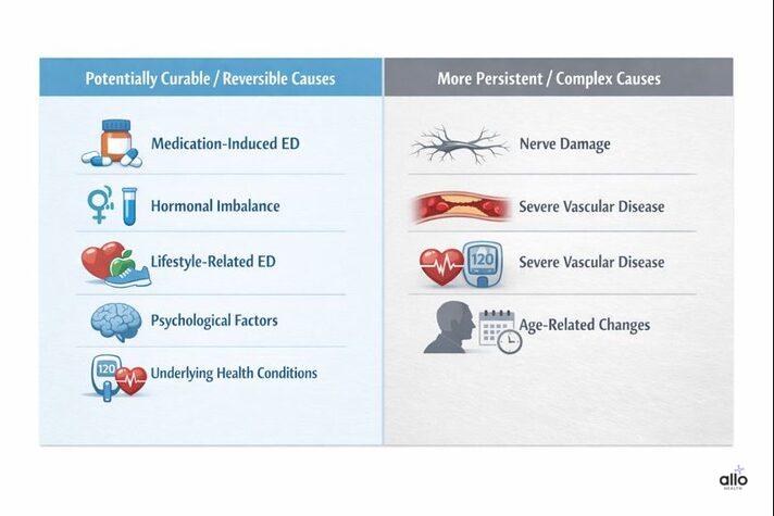 Is Erectile Dysfunction Reversible or Curable? Causes, Recovery, and Best Methods to Cure 2 Infographic showing potentially curable and persistent causes of erectile dysfunction, explaining when impotence can be cured and when long-term management is needed