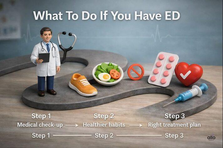Step-by-step medical approach showing how erectile dysfunction can be cured or improved through evaluation, lifestyle changes, and treatment