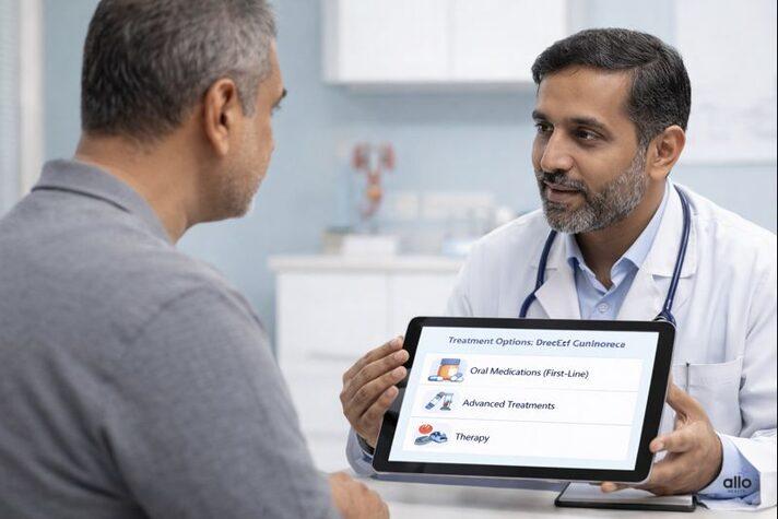 Doctor explaining treatment options for erectile dysfunction, answering whether erectile dysfunction is curable with medications, therapy, and advanced care