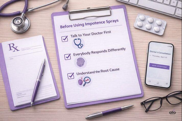 Impotence spray safety checklist showing doctor consultation, individual response, and identifying the root cause of erectile dysfunction.