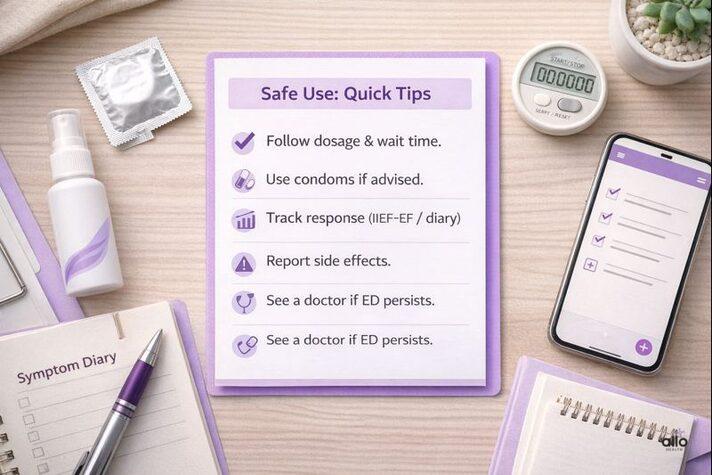 Impotence spray quick tips highlighting correct dosage, condom use, symptom tracking, side effect reporting, and doctor follow-up.