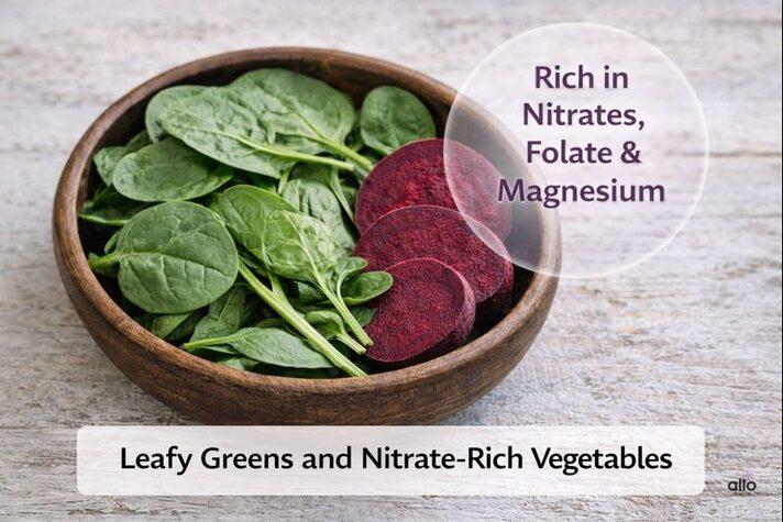 Foods for erectile dysfunction showing leafy greens and nitrate-rich vegetables like spinach and beetroot to support nitric oxide and blood flow.