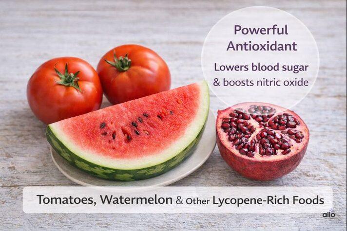 Foods for erectile dysfunction featuring tomatoes and watermelon as lycopene-rich options that support nitric oxide and blood flow.