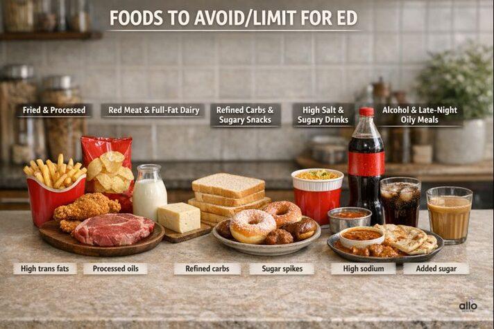 Foods for erectile dysfunction guide showing foods to avoid like fried snacks, processed foods, sugary drinks, refined carbs, and alcohol.