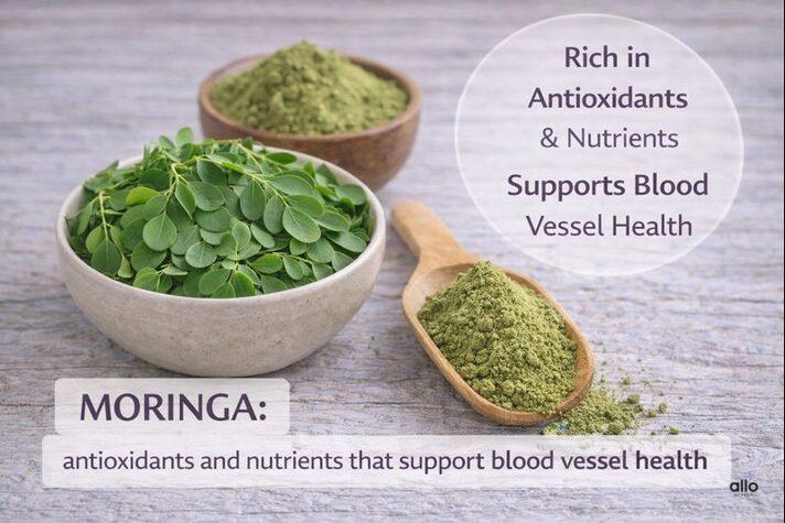 Foods for erectile dysfunction featuring moringa leaves and moringa powder rich in antioxidants that support blood vessel health.