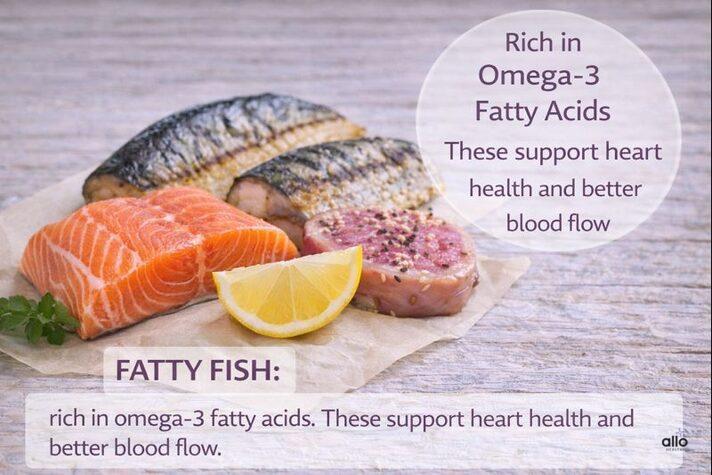 Foods for erectile dysfunction featuring fatty fish like salmon and mackerel, rich in omega-3 fatty acids for better blood flow.