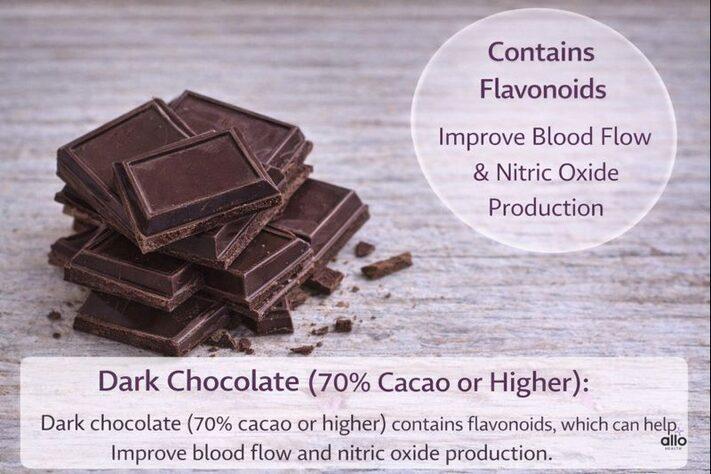 Foods for erectile dysfunction showing dark chocolate (70% cacao or higher) rich in flavonoids that support blood flow and nitric oxide.
