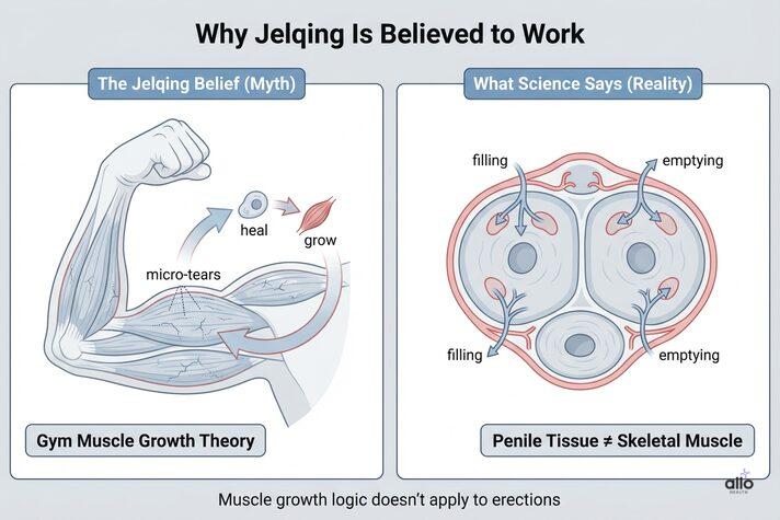 Jelqing Meaning: Does It Work, Side Effects, and Erectile Dysfunction Risk 2 “Medical illustration explaining why jelqing is believed to work, comparing gym muscle growth theory with penile tissue anatomy and why jelqing does not work medically.”
